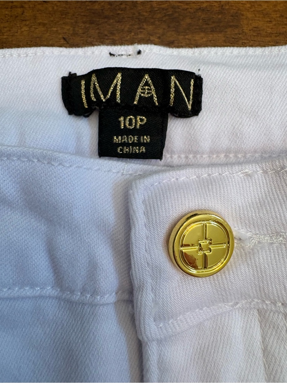 IMAN White Pants with Gold Accent Button